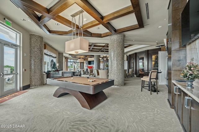 playroom with beamed ceiling, light colored carpet, coffered ceiling, and billiards