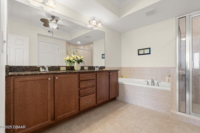 bathroom featuring independent shower and bath, vanity, crown molding, tile patterned flooring, and ceiling fan