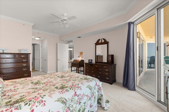 carpeted bedroom featuring ceiling fan, ornamental molding, and access to exterior