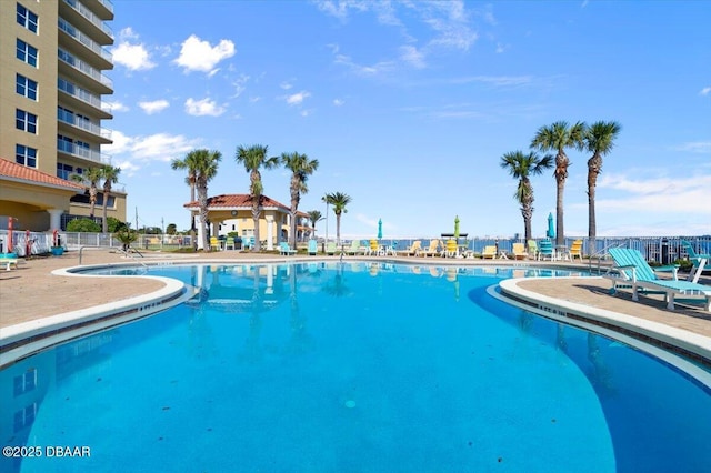 view of pool with a patio and a gazebo