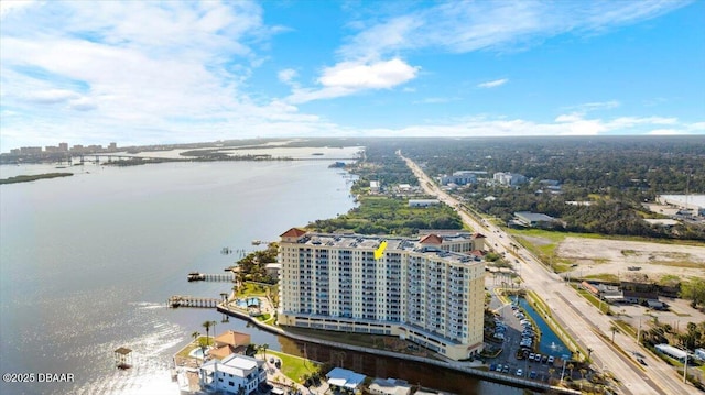 bird's eye view with a water view