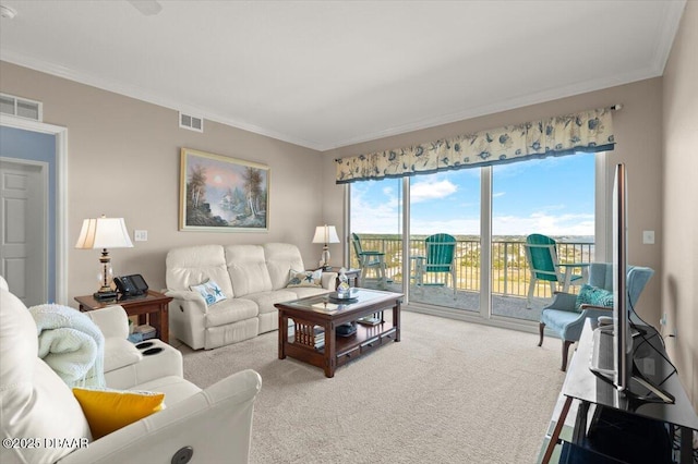 carpeted living room featuring crown molding