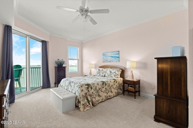 bedroom featuring ornamental molding, access to exterior, light carpet, and ceiling fan