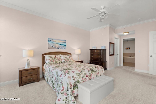 bedroom with ceiling fan, ornamental molding, ensuite bath, and light colored carpet