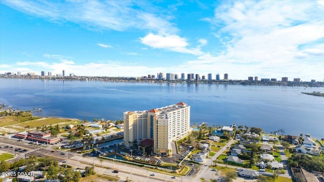 aerial view featuring a water view