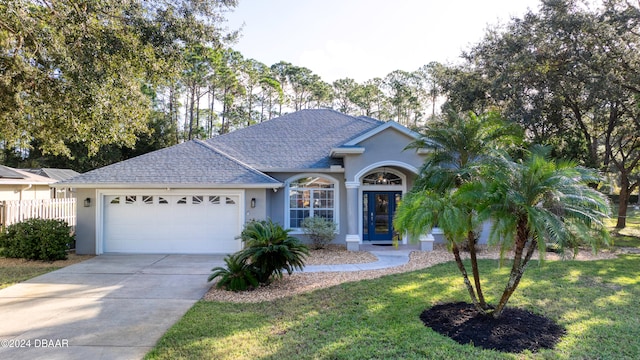 single story home featuring a front yard and a garage