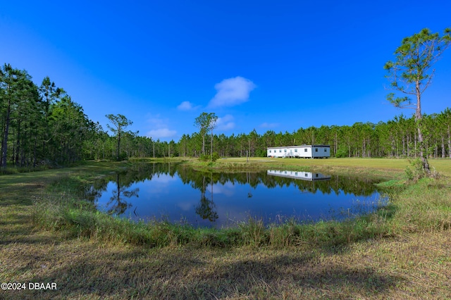 property view of water featuring a wooded view