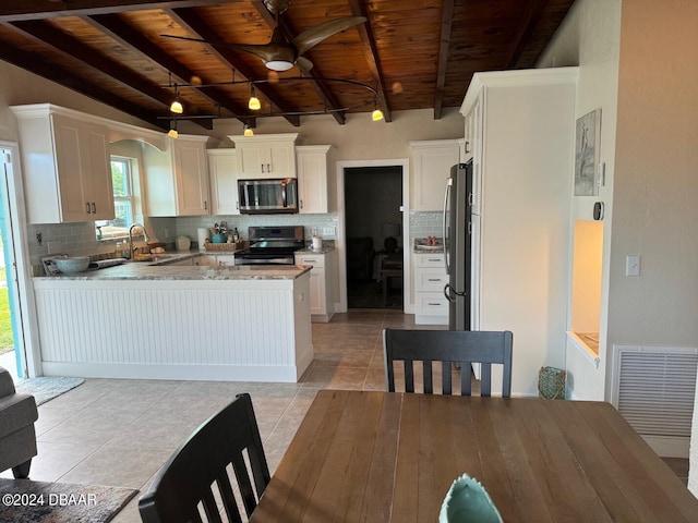 kitchen featuring white cabinets, backsplash, wooden ceiling, and stainless steel appliances