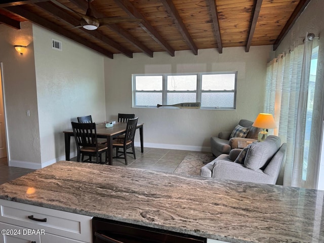 living room featuring lofted ceiling with beams and wood ceiling