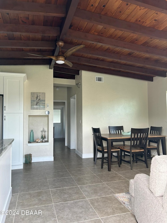 tiled dining area with vaulted ceiling with beams, ceiling fan, and wood ceiling