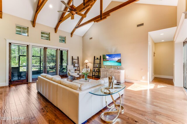 3 Ashford Lakes Dr, Ormond Beach, FL 32174 - living area with high vaulted ceiling, hardwood / wood-style floors, baseboards, beam ceiling, and ceiling fan
