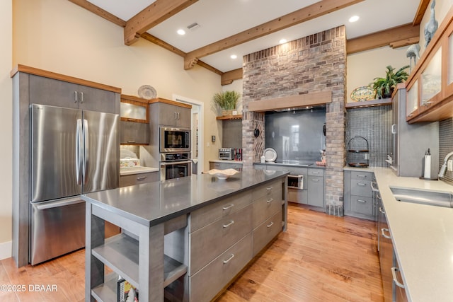 3 Ashford Lakes Dr, Ormond Beach, FL 32174 - kitchen featuring stainless steel appliances, open shelves, a sink, backsplash, and beamed ceiling