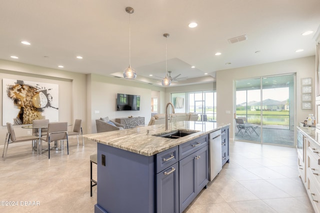 kitchen featuring white cabinetry, pendant lighting, sink, dishwasher, and ceiling fan