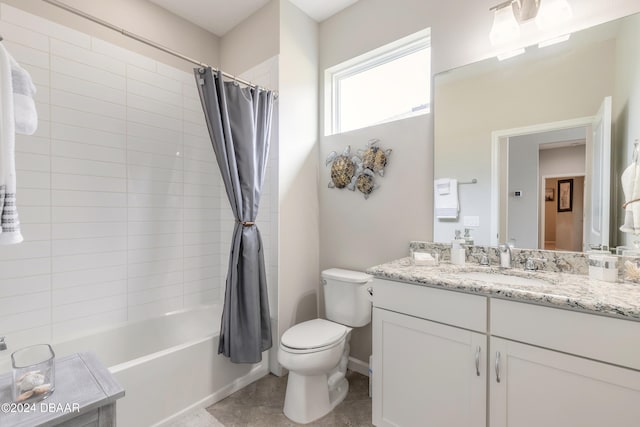 full bathroom with toilet, vanity, and shower / bathtub combination with curtain