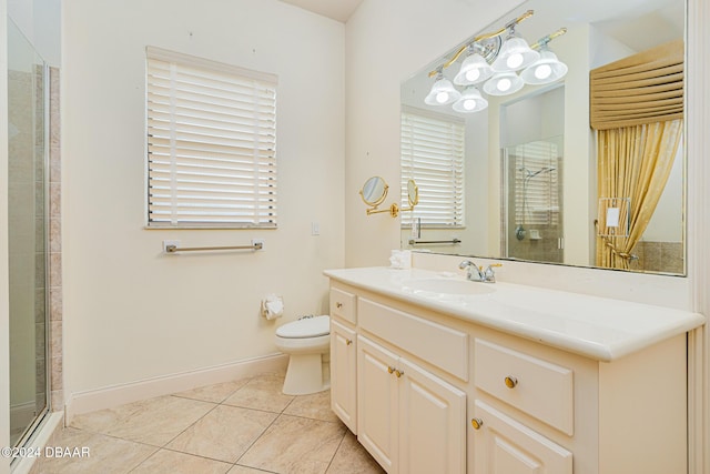 full bath featuring vanity, baseboards, a tile shower, tile patterned floors, and toilet