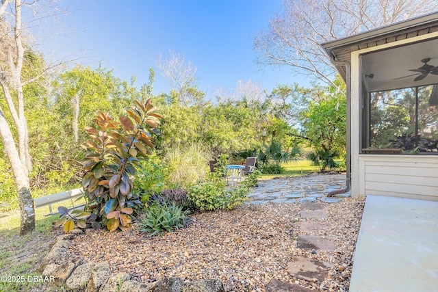 view of yard featuring ceiling fan and a patio area