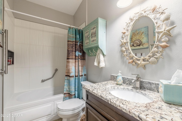 full bathroom with shower / bath combo with shower curtain, vanity, and toilet