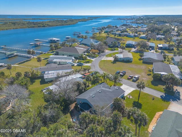 bird's eye view with a water view