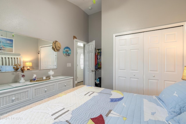 bedroom featuring a closet and lofted ceiling