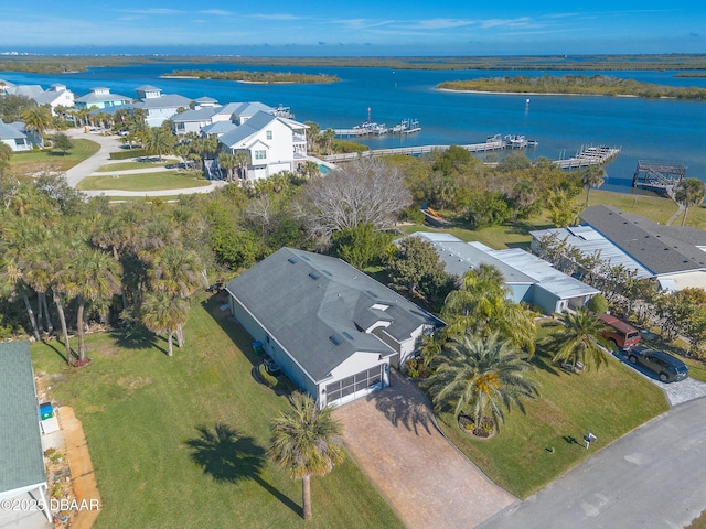 drone / aerial view featuring a water view