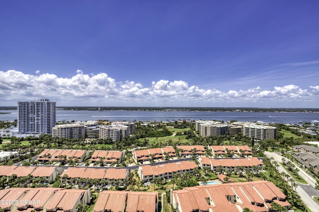 drone / aerial view with a water view
