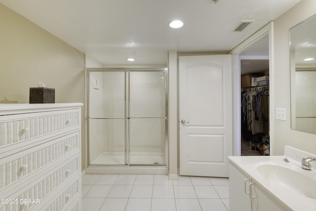 full bathroom featuring vanity, visible vents, tile patterned flooring, and a shower stall