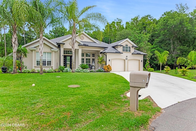 view of front of property featuring a garage, a front yard, and french doors