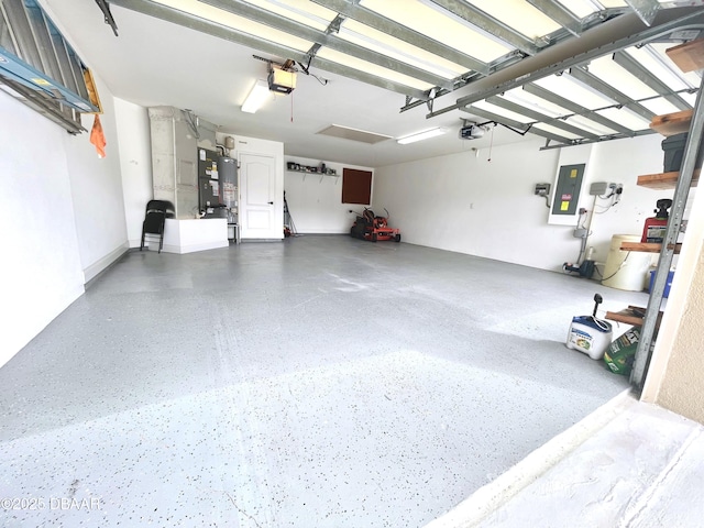 garage featuring heating unit, electric panel, and a garage door opener