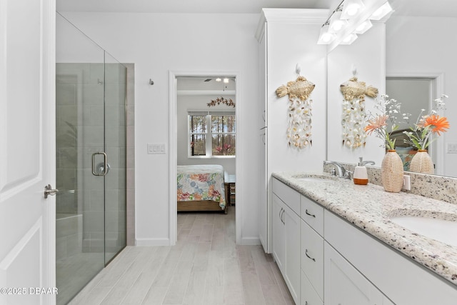 bathroom featuring vanity, wood-type flooring, and a shower with shower door