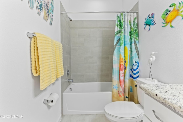 full bathroom featuring toilet, vanity, and shower / bathtub combination with curtain