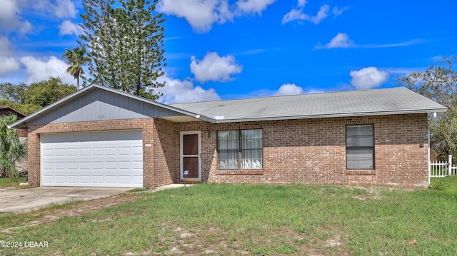 single story home with a garage and a front yard