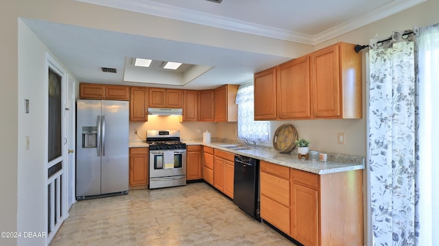 1107 Viking Dr, Port Orange, FL 32129 - kitchen with stainless steel appliances, under cabinet range hood, a sink, ornamental molding, and light stone counters