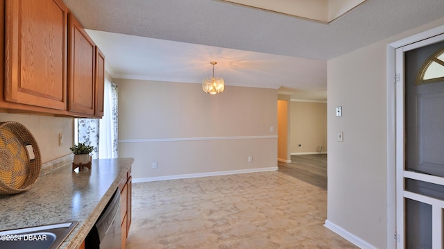 1107 Viking Dr, Port Orange, FL 32129 - kitchen with dishwashing machine, brown cabinetry, baseboards, decorative light fixtures, and a sink