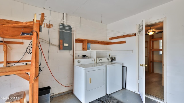 1107 Viking Dr, Port Orange, FL 32129 - laundry room with washer and clothes dryer, electric panel, concrete block wall, and ceiling fan
