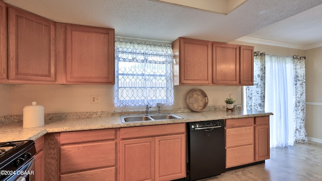 kitchen featuring sink, black appliances, a textured ceiling, and ornamental molding