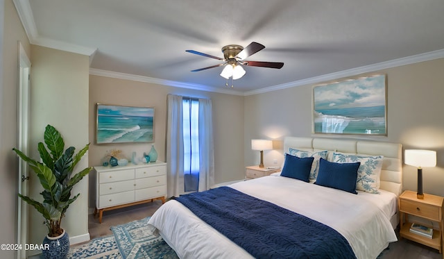 bedroom featuring ceiling fan, dark hardwood / wood-style flooring, and ornamental molding