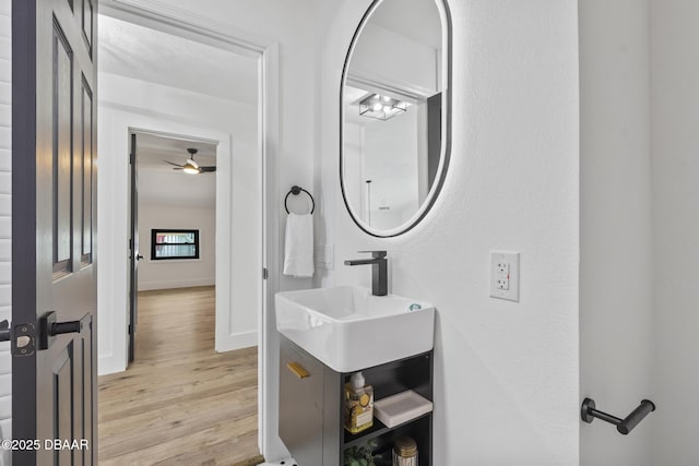 bathroom featuring vanity and hardwood / wood-style floors