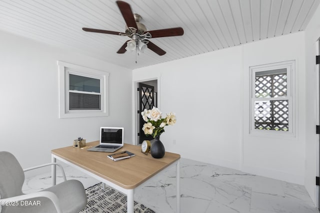 office with ceiling fan and wooden ceiling