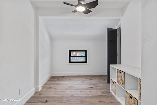 empty room with ceiling fan and light hardwood / wood-style floors