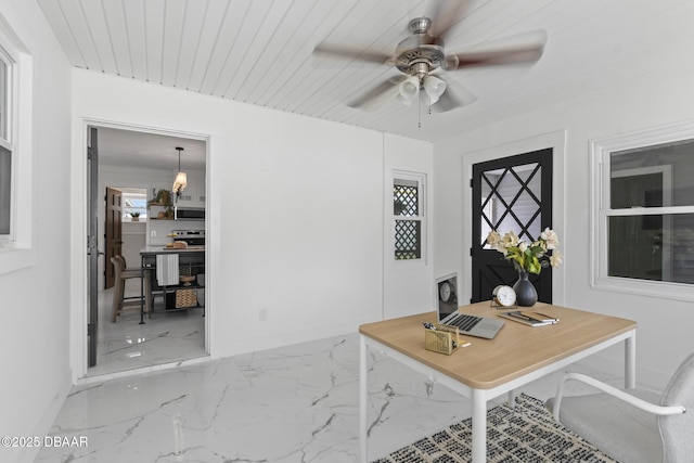 home office featuring wood ceiling, ceiling fan, and plenty of natural light