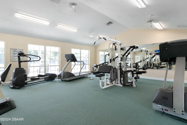 gym featuring lofted ceiling and ceiling fan