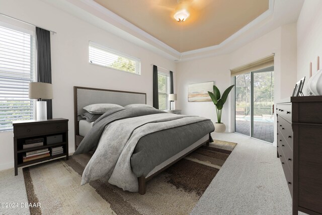 carpeted bedroom featuring access to exterior, multiple windows, and a raised ceiling