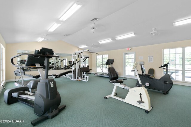 gym featuring lofted ceiling and ceiling fan