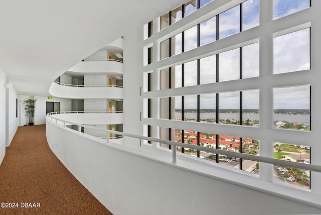 hallway featuring carpet, a wealth of natural light, a water view, and a high ceiling