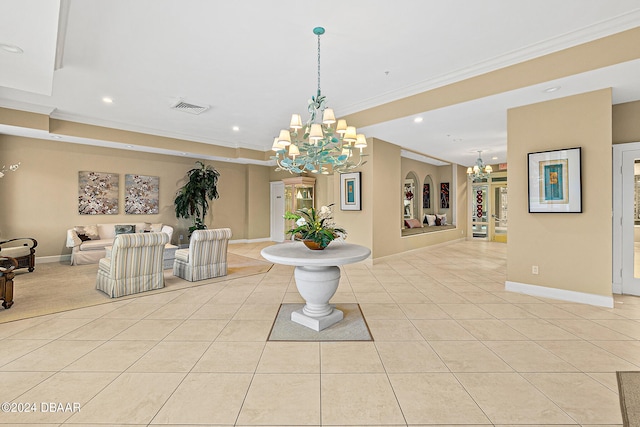 dining area with a chandelier, light tile patterned floors, and ornamental molding