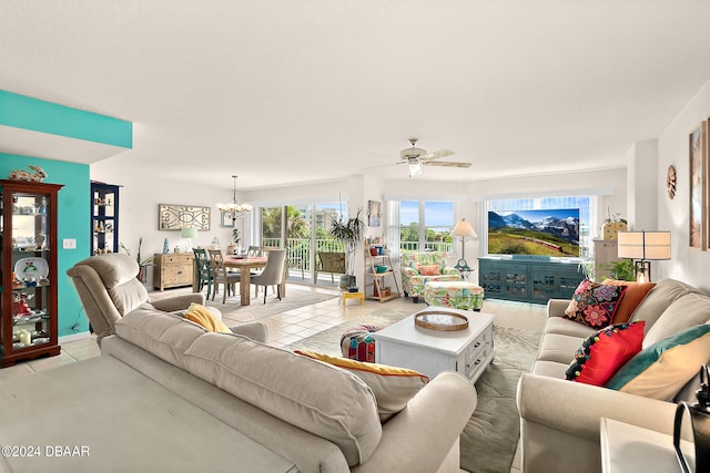 living room featuring tile patterned floors and ceiling fan