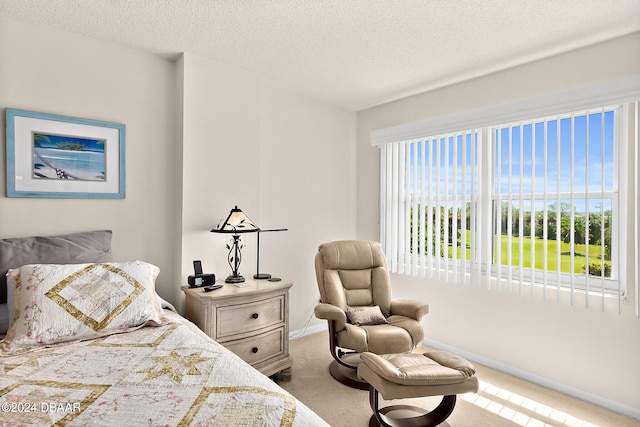 bedroom featuring a textured ceiling and carpet