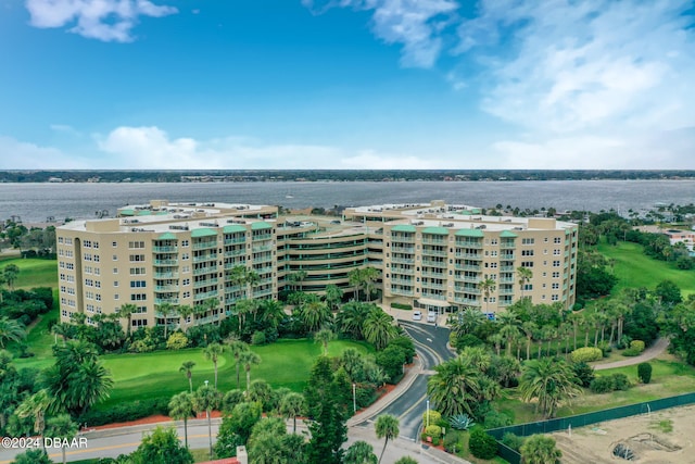 birds eye view of property featuring a water view