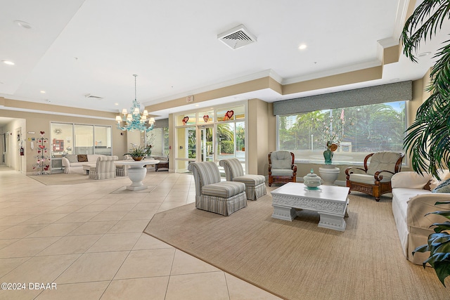 tiled living room featuring crown molding and an inviting chandelier