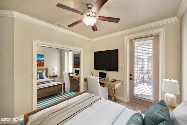 bedroom featuring ornamental molding, ceiling fan, a textured ceiling, and access to outside